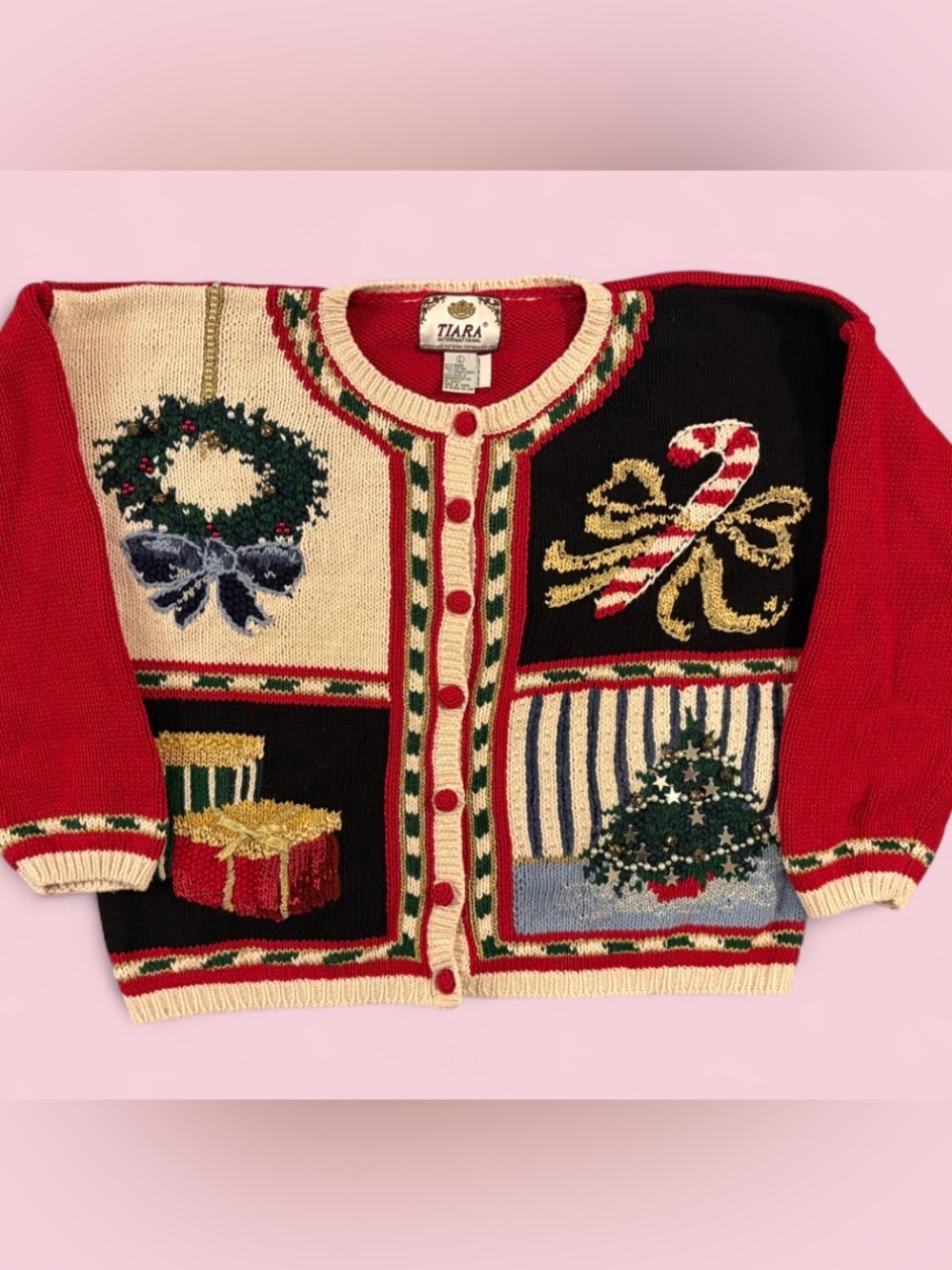 Vintage Tiara International Novelty Tree Wreath Candy Cane Christmas Cardigan L